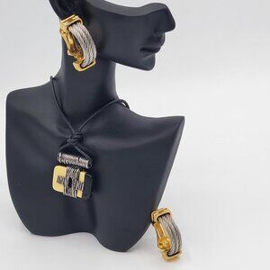 Steel Cable Hoop Clip-On Earrings AND Twisted Cable Pendant Necklace